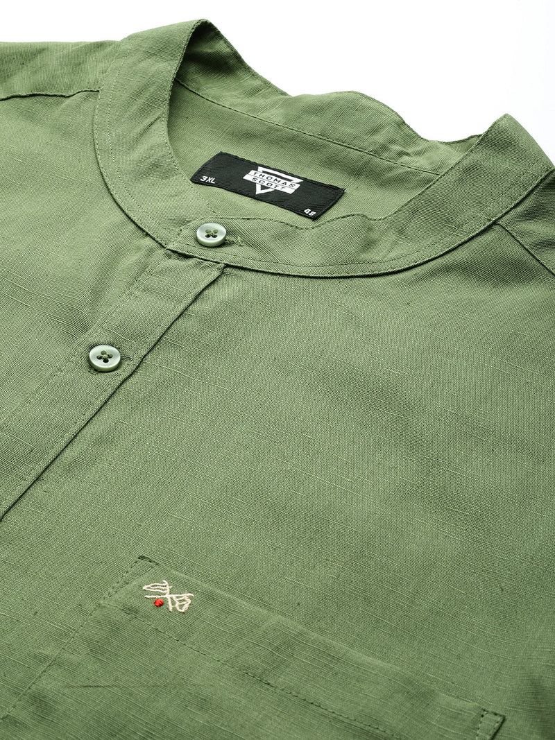 Thomas Scott Men Olive Premium Plus Size Regular Fit Long Sleeves Band Collar Solid Cotton Linen Casual Shirt
