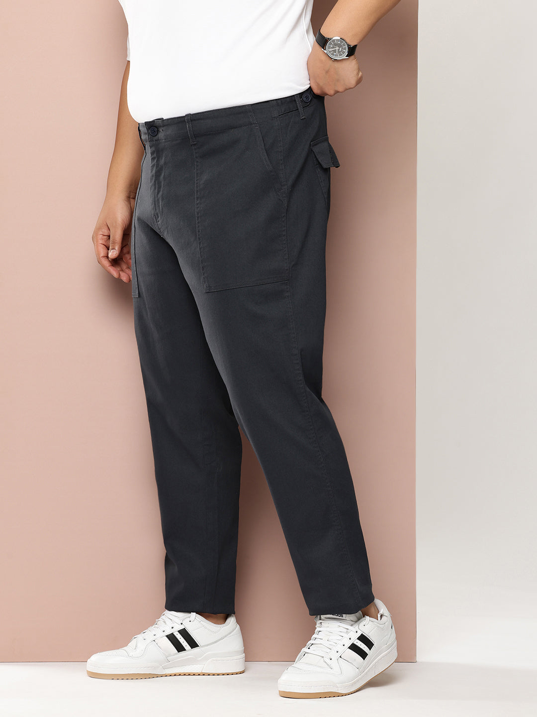 Thomas Scott Men Dark Grey Plus Size Smart Easy Wash Regular Fit Mid-Rise Solid Woven Trouser
