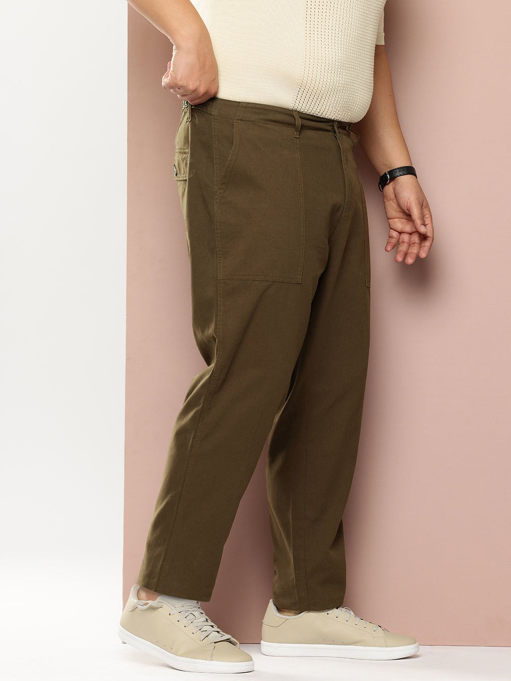 Thomas Scott Men Dark Olive Plus Size Smart Easy Wash Regular Fit Mid-Rise Solid Woven Trouser