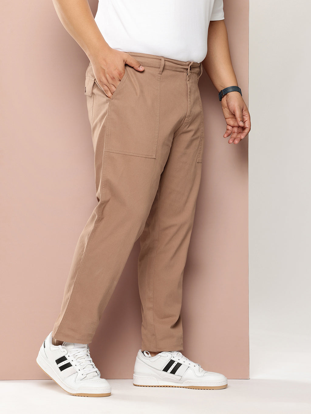 Thomas Scott Men Tan Plus Size Smart Easy Wash Regular Fit Mid-Rise Solid Woven Trouser