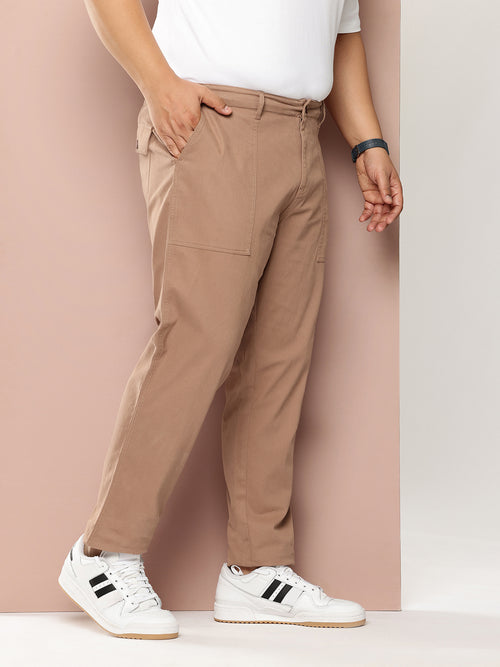 Thomas Scott Men Tan Plus Size Smart Easy Wash Regular Fit Mid-Rise Solid Woven Trouser
