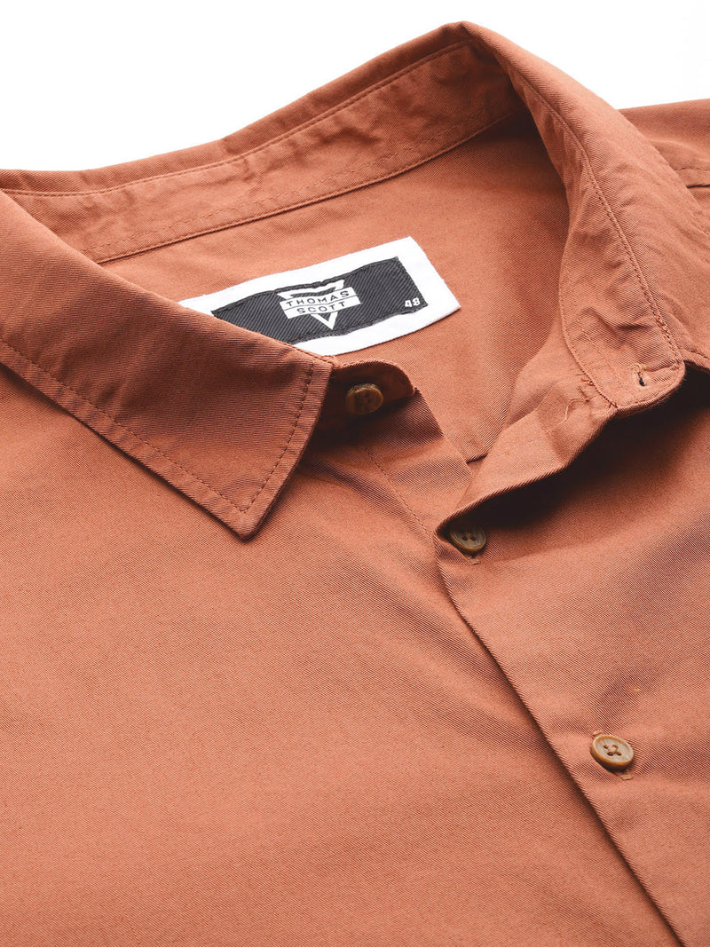 Thomas Scott Men Rust Premium Plus Size Regular Fit Short Sleeves Spread Collar Solid Casual Shirt