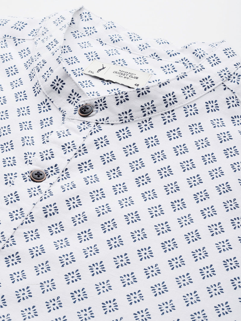 Thomas Scott Men White Premium Plus Size Regular Fit Long Sleeves Geometric Print Cotton Linen Casual Shirt