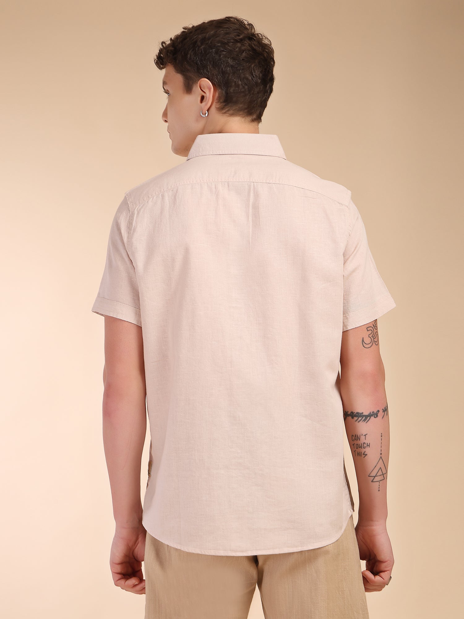Thomas Scott Men Beige Regular Fit Short Sleeves Spread Collar Linen Casual Shirt