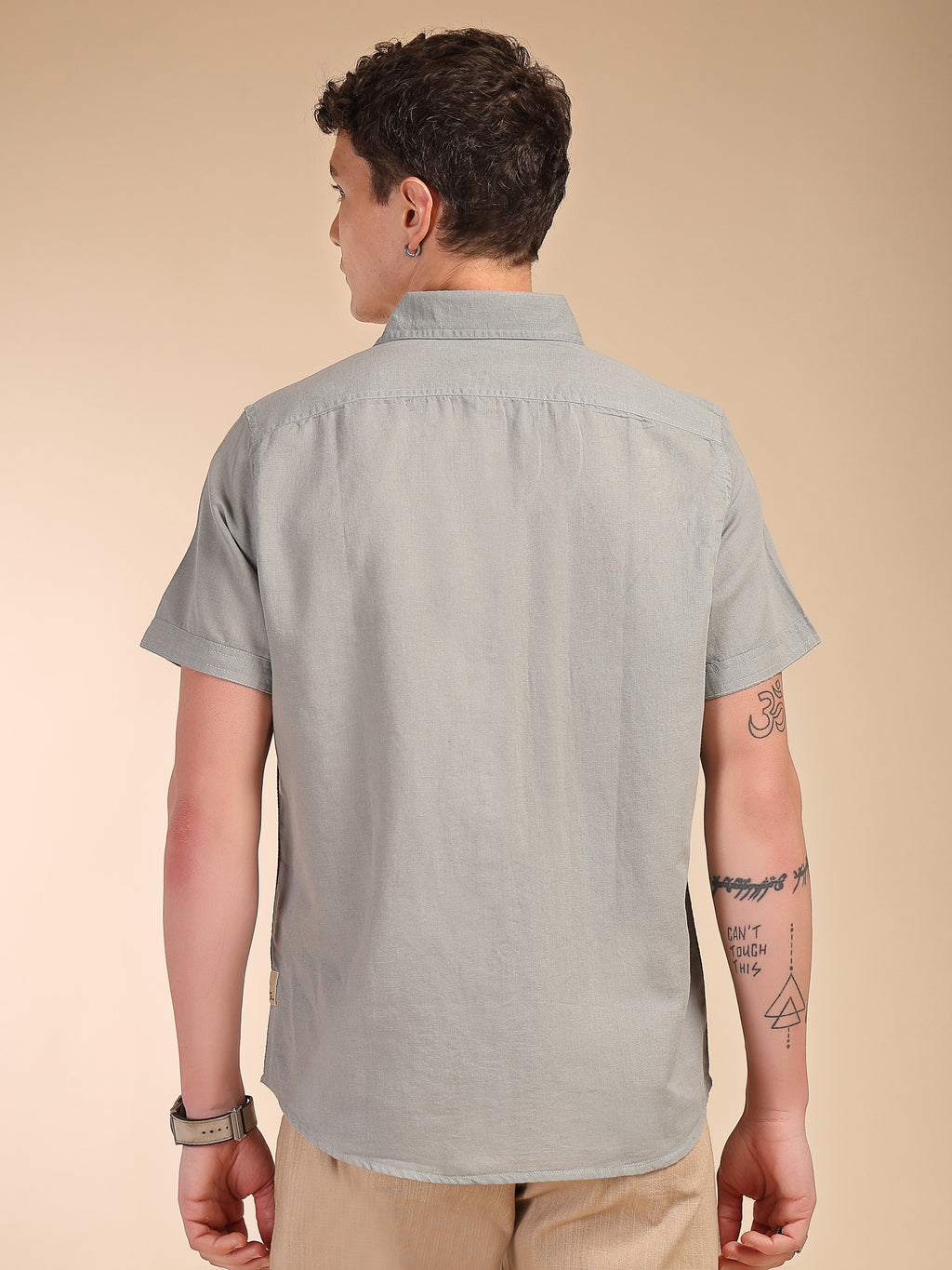 Thomas Scott Men Grey Regular Fit Short Sleeves Spread Collar Linen Casual Shirt