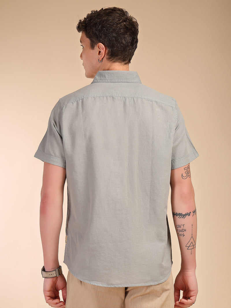 Thomas Scott Men Grey Regular Fit Short Sleeves Spread Collar Linen Casual Shirt