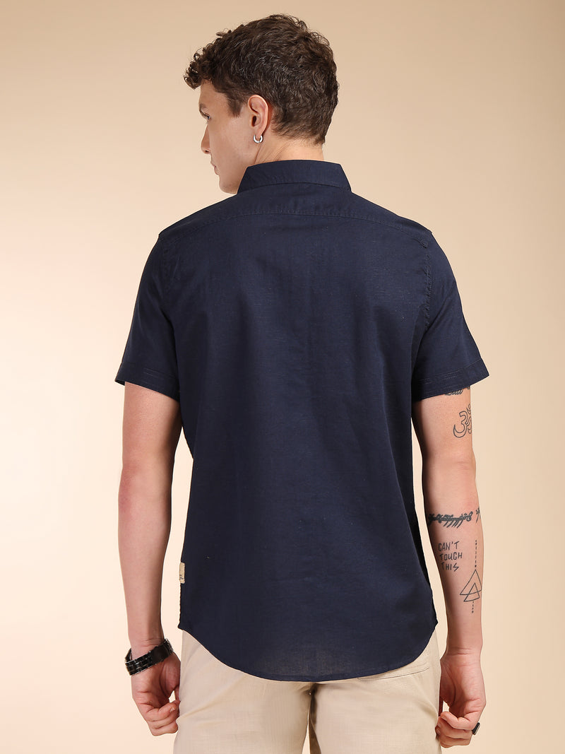 Thomas Scott Men Navy Regular Fit Short Sleeves Spread Collar Linen Casual Shirt