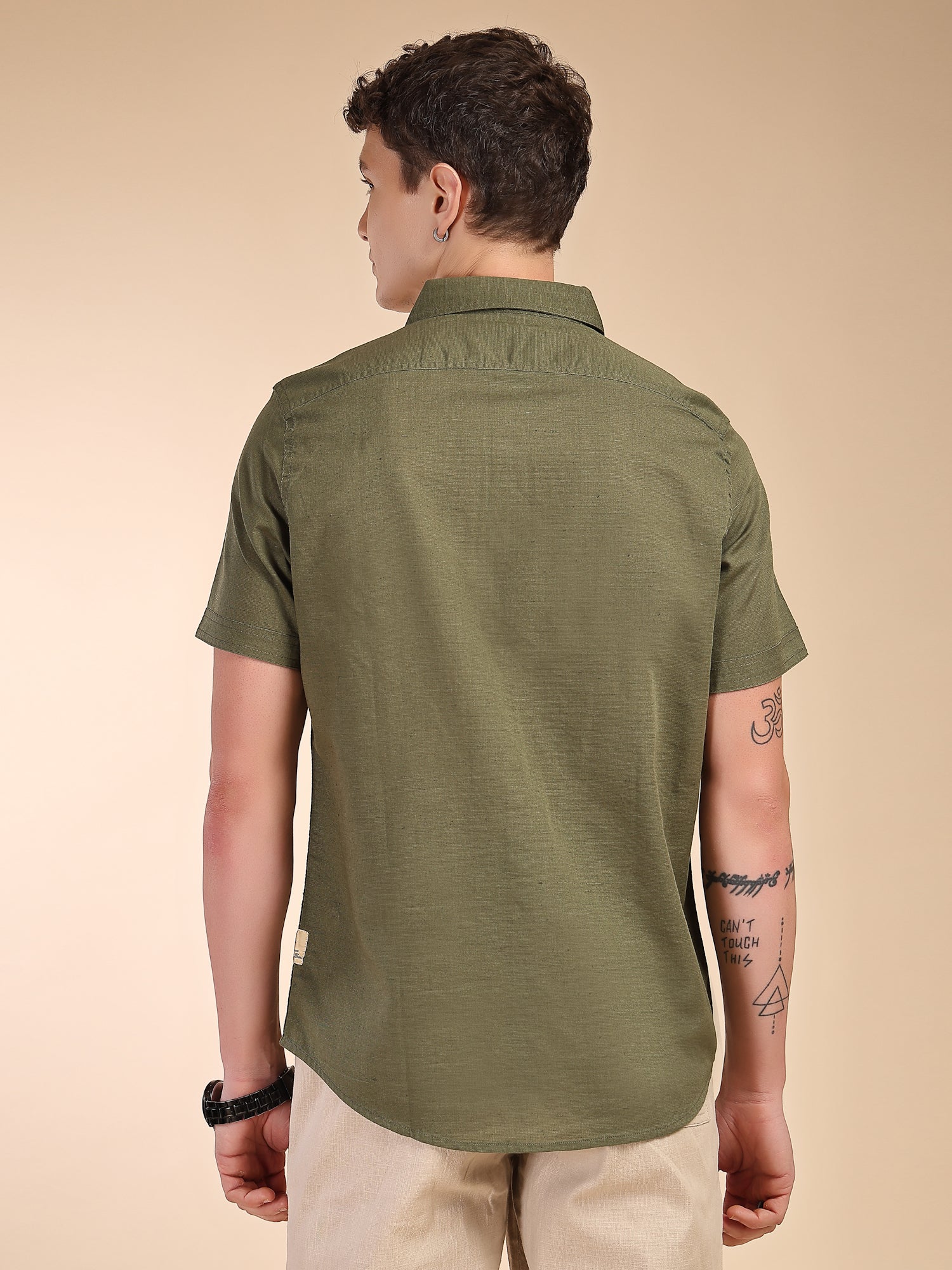 Thomas Scott Men Olive Regular Fit Short Sleeves Spread Collar Linen Casual Shirt