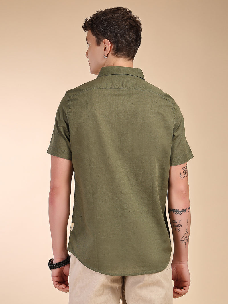 Thomas Scott Men Olive Regular Fit Short Sleeves Spread Collar Linen Casual Shirt