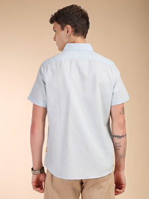 Thomas Scott Men Sky Blue Regular Fit Short Sleeves Spread Collar Linen Casual Shirt