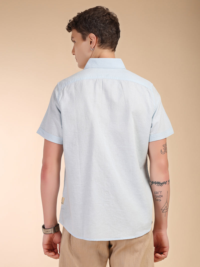 Thomas Scott Men Sky Blue Regular Fit Short Sleeves Spread Collar Linen Casual Shirt