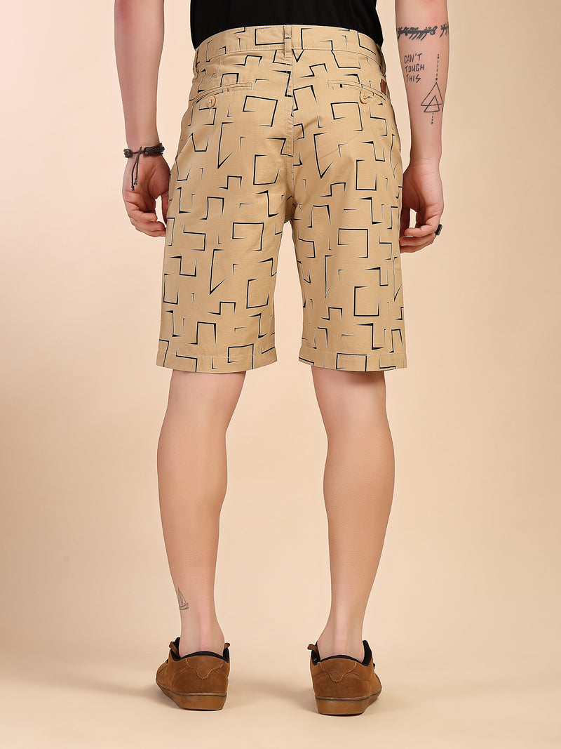 Thomas Scott Men Khaki Mid-Rise Regular Fit Geometric Print Cotton Woven Chinos Shorts
