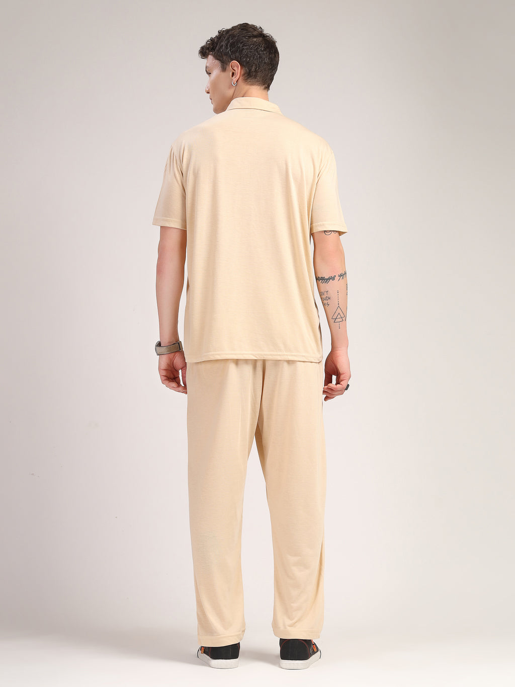Thomas Scott Men Beige Relaxed Fit Solid Polyester Co-Ords Set
