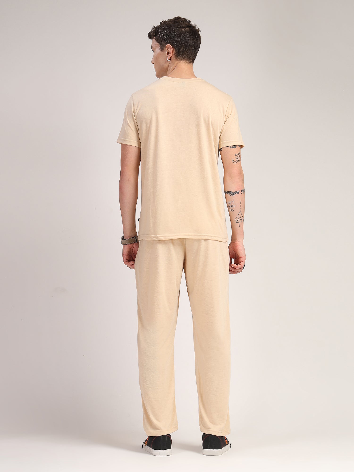 Thomas Scott Men Beige Round Neck Relaxed Fit Solid Polyester Co-Ords Set