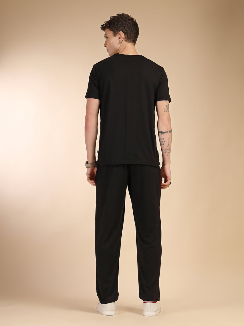 Thomas Scott Men Black Round Neck Relaxed Fit Solid Polyester Co-Ords Set