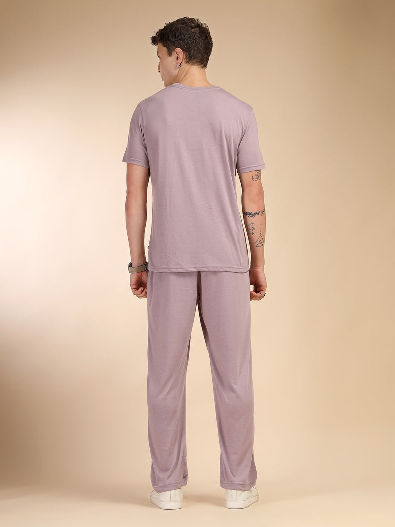 Thomas Scott Men Lilac Round Neck Relaxed Fit Solid Polyester Co-Ords Set
