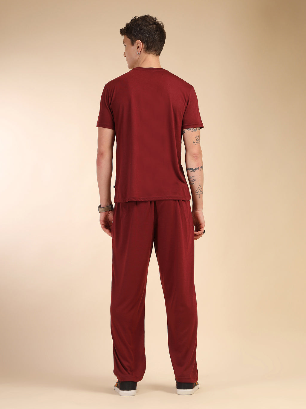 Thomas Scott Men Wine Round Neck Relaxed Fit Solid Polyester Co-Ords Set