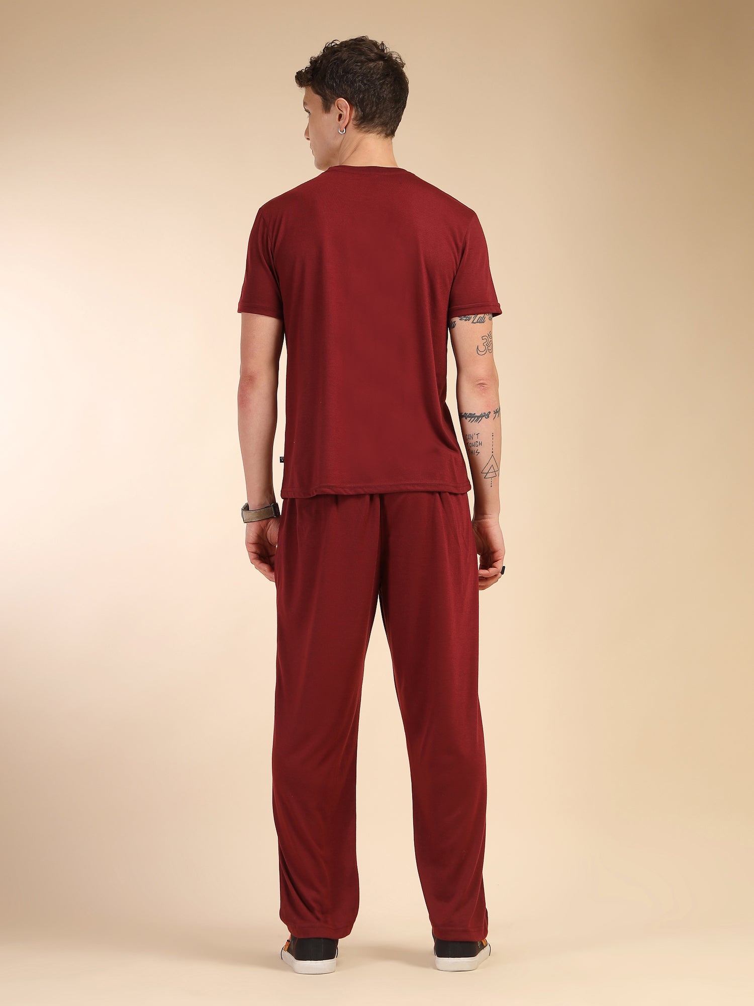 Thomas Scott Men Wine Round Neck Relaxed Fit Solid Polyester Co-Ords Set