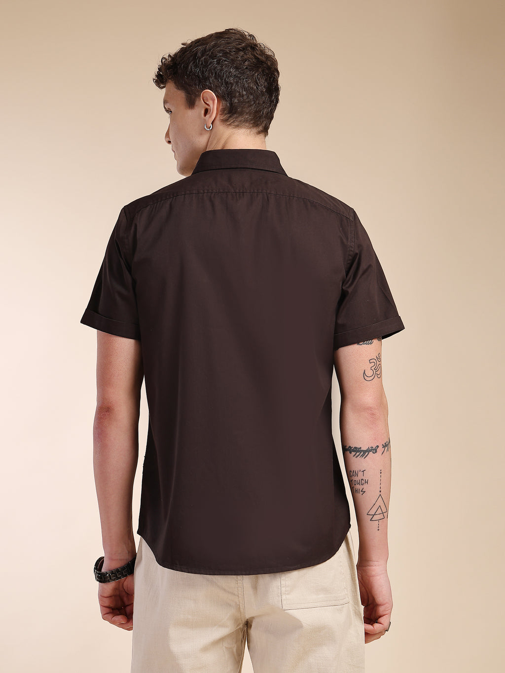 Thomas Scott Men Coffee Slim Fit Short Sleeves Spread Collar Solid Casual Shirt