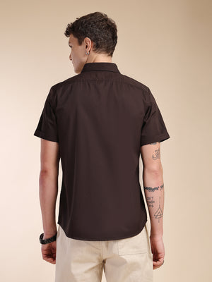 Thomas Scott Men Coffee Slim Fit Short Sleeves Spread Collar Solid Casual Shirt