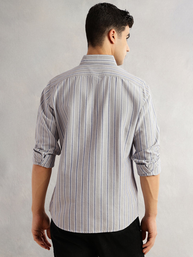 Thomas Scott Men Grey Slim Fit Long Sleeves Vertical Stripes Spread Collar 100% Cotton Oxford Casual Shirt