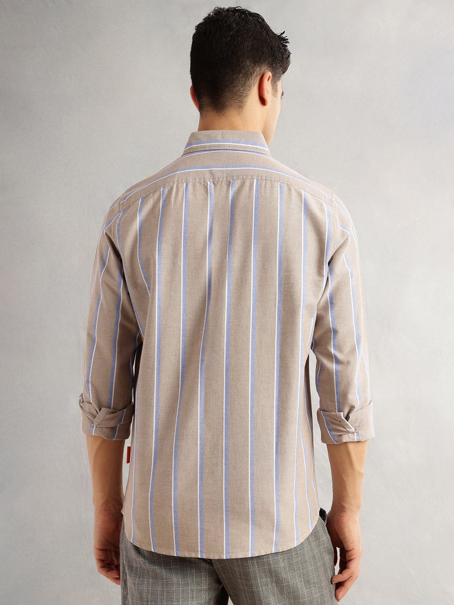 Thomas Scott Men Beige Slim Fit Long Sleeves Spread Collar 100% Cotton Oxford Casual Shirt