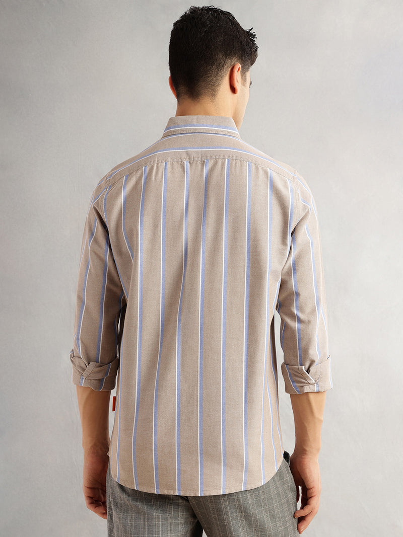 Thomas Scott Men Beige Slim Fit Long Sleeves Spread Collar 100% Cotton Oxford Casual Shirt