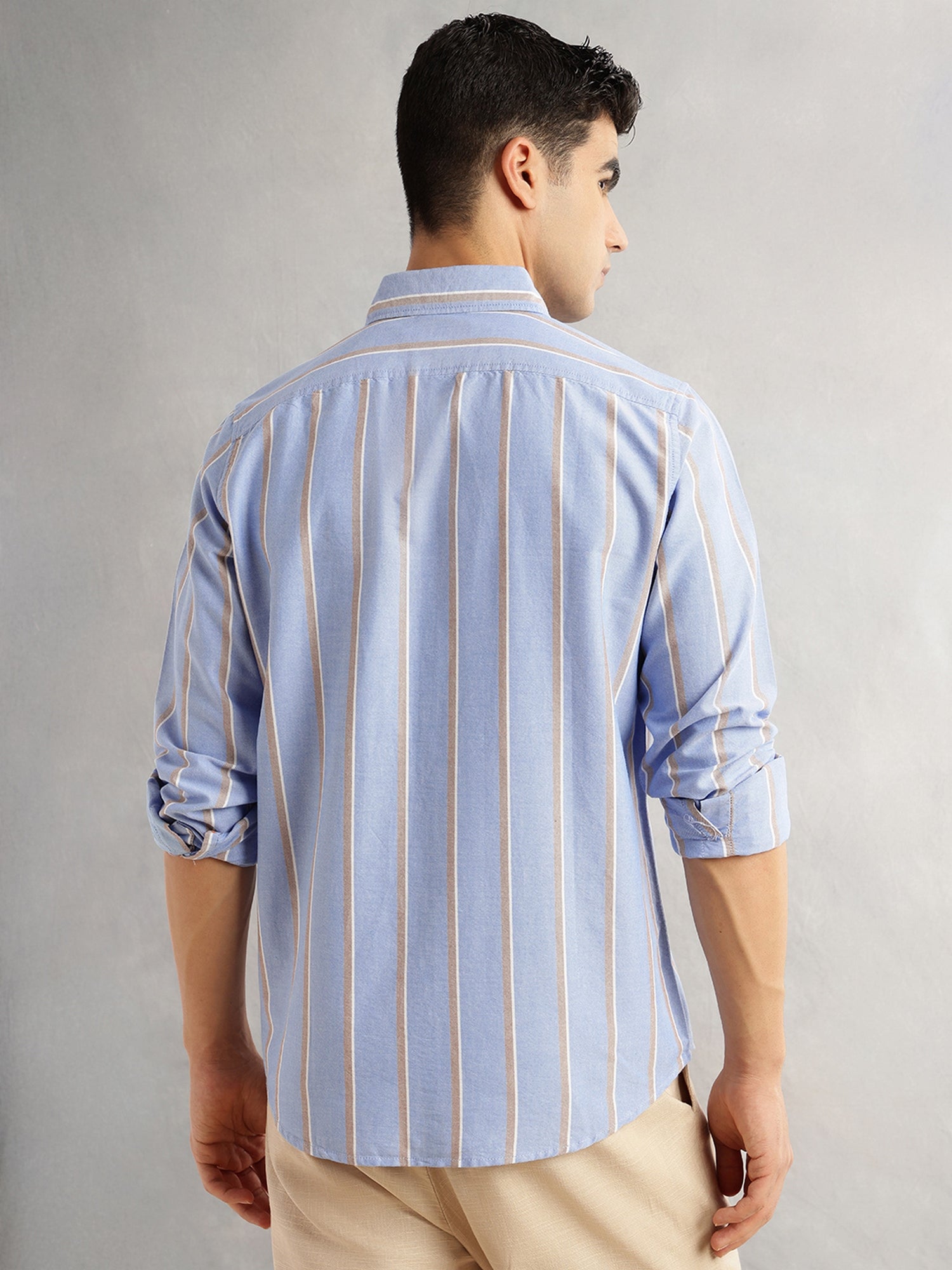 Thomas Scott Men Blue Slim Fit Long Sleeves Spread Collar 100% Cotton Oxford Casual Shirt