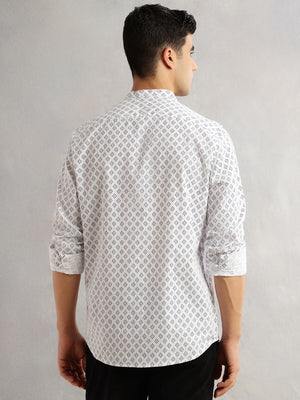 Thomas Scott Men White Slim Fit Long Sleeves Geometric Printed Mandarin Collar Cotton Linen Casual Shirt