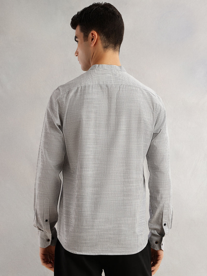 Thomas Scott Men Black Slim Fit Long Sleeves Mandarin Collar Pinstripes Cotton Linen Casual Shirt