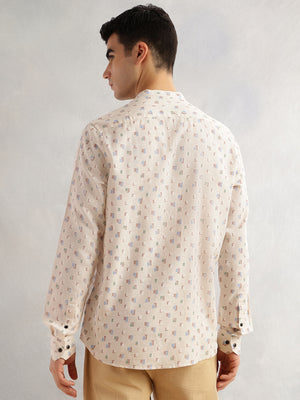 Thomas Scott Men Beige Slim Fit Long Sleeves Mandarin Collar Geometric Printed Cotton Linen Casual Shirt