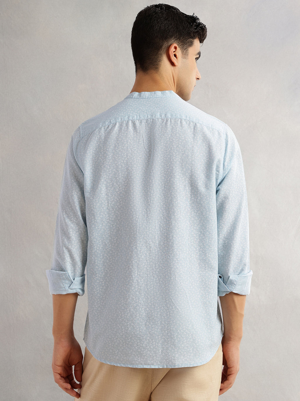 Thomas Scott Men Blue Slim Fit Long Sleeves Mandarin Collar Conversational Printed Cotton Linen Casual Shirt