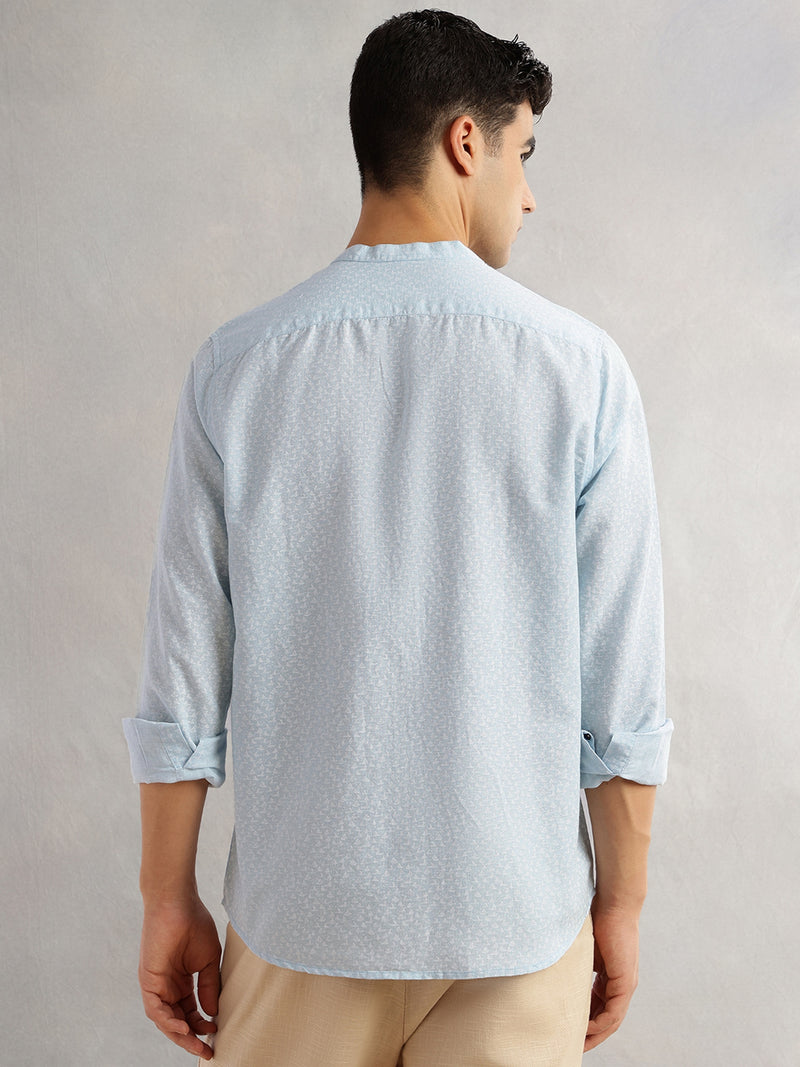 Thomas Scott Men Blue Slim Fit Long Sleeves Mandarin Collar Conversational Printed Cotton Linen Casual Shirt