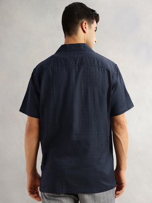 Thomas Scott Men Navy Oversized Fit Short Sleeves Cuban Collar Gingham Checks 100% Cotton Casual Shirt