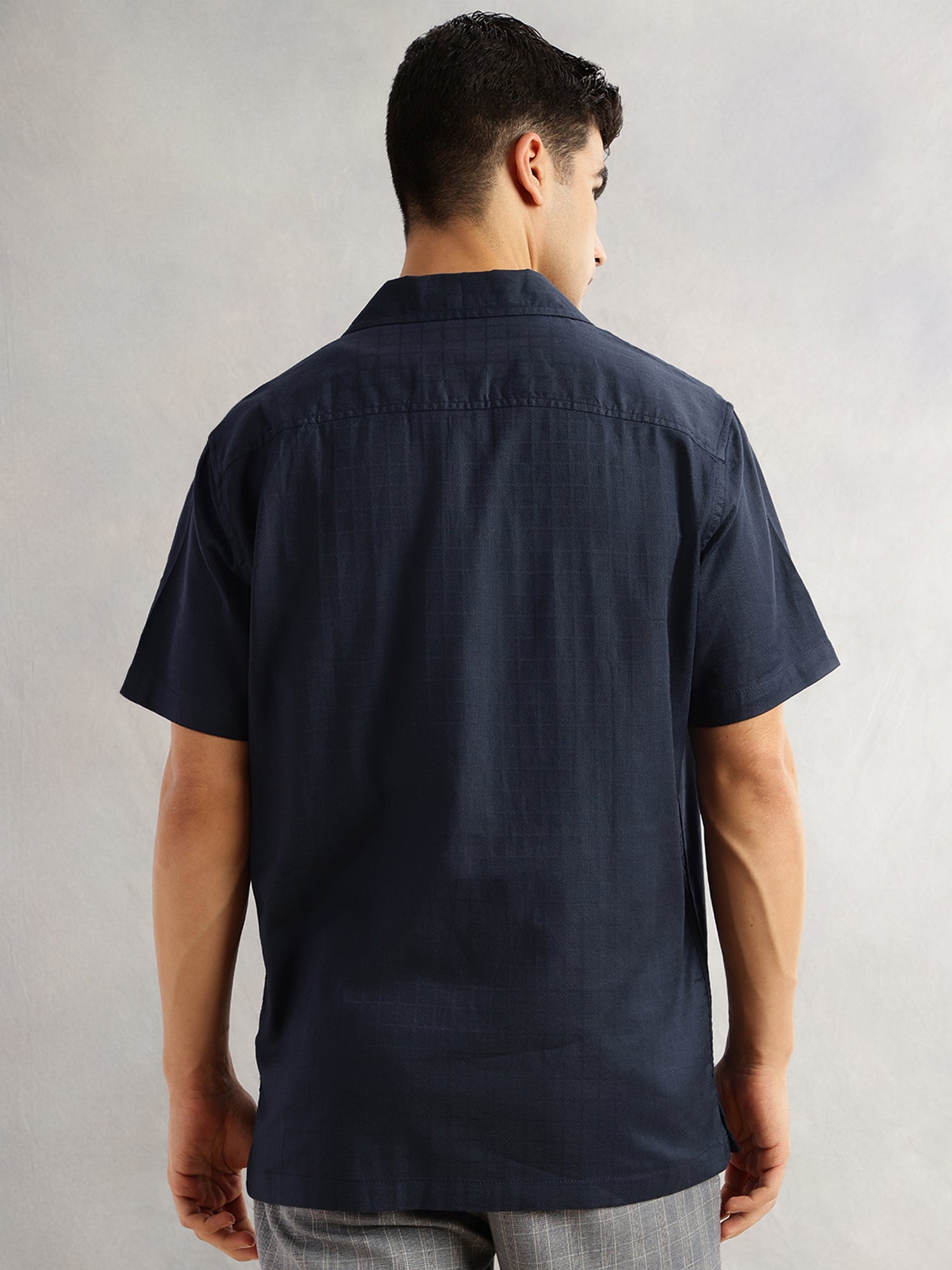 Thomas Scott Men Navy Oversized Fit Short Sleeves Cuban Collar Gingham Checks 100% Cotton Casual Shirt