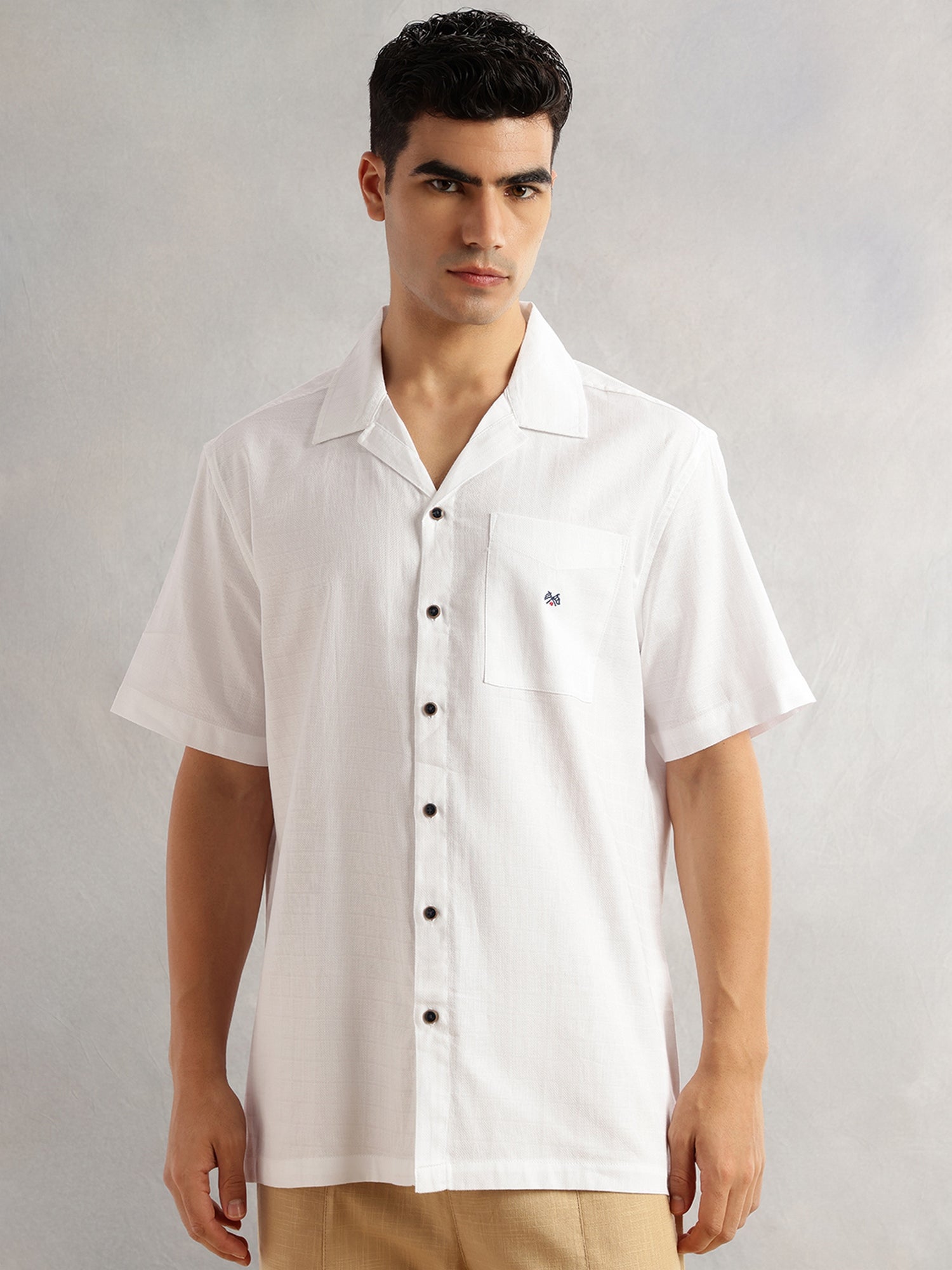 Thomas Scott Men White Oversized Fit Short Sleeves Cuban Collar Gingham Checks 100% Cotton Casual Shirt