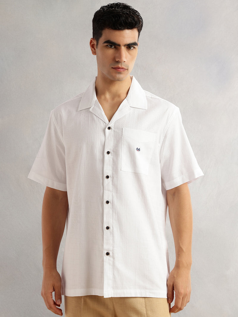 Thomas Scott Men White Oversized Fit Short Sleeves Cuban Collar Gingham Checks 100% Cotton Casual Shirt