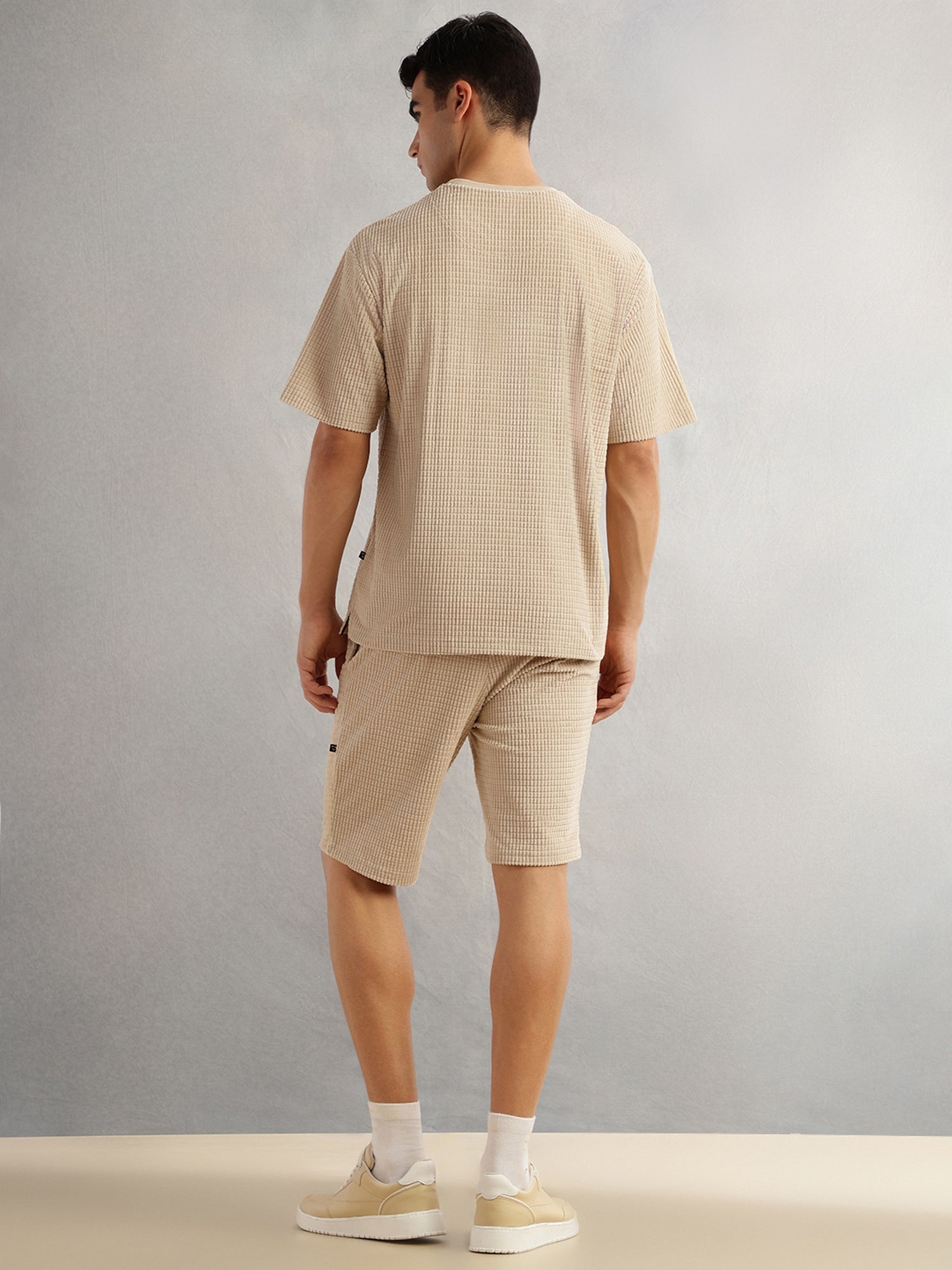 Thomas Scott Men Beige Cordery Checks Polyester Knitted Co-Ord Sets With Short Sleeves & Round Neck