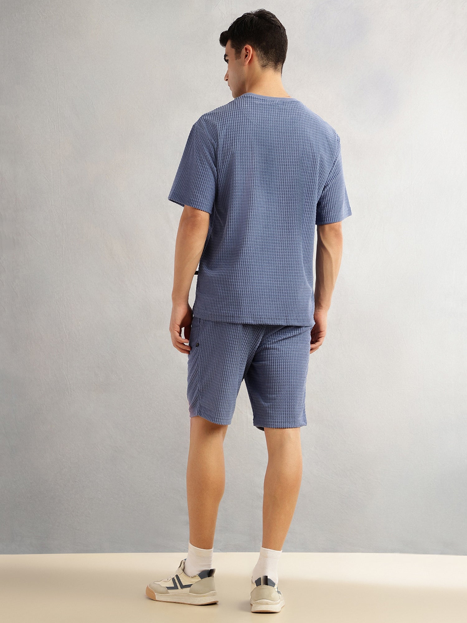Thomas Scott Men Blue Cordery Checks Polyester Knitted Co-Ord Sets With Short Sleeves & Round Neck