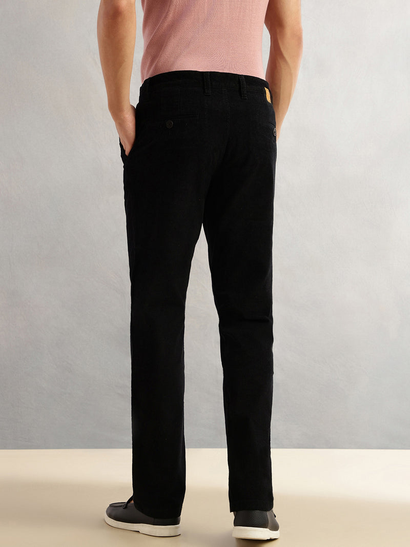 Thomas Scott Men Black Regular Fit Mid-Rise Self Texture Cross Corduroy Trouser