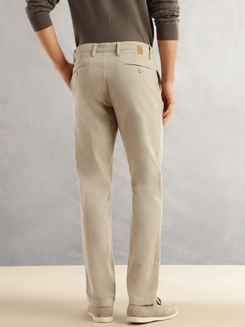 Thomas Scott Men Fawn Regular Fit Mid-Rise Self Texture Cross Corduroy Trouser