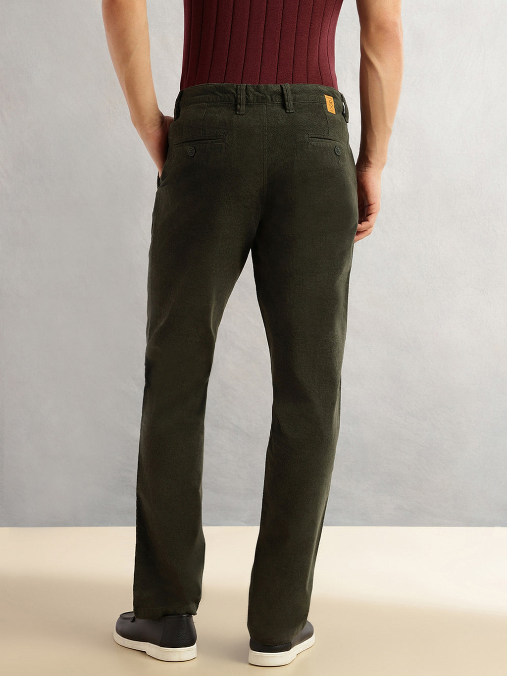 Thomas Scott Men Olive Regular Fit Mid-Rise Self Texture Cross Corduroy Trouser