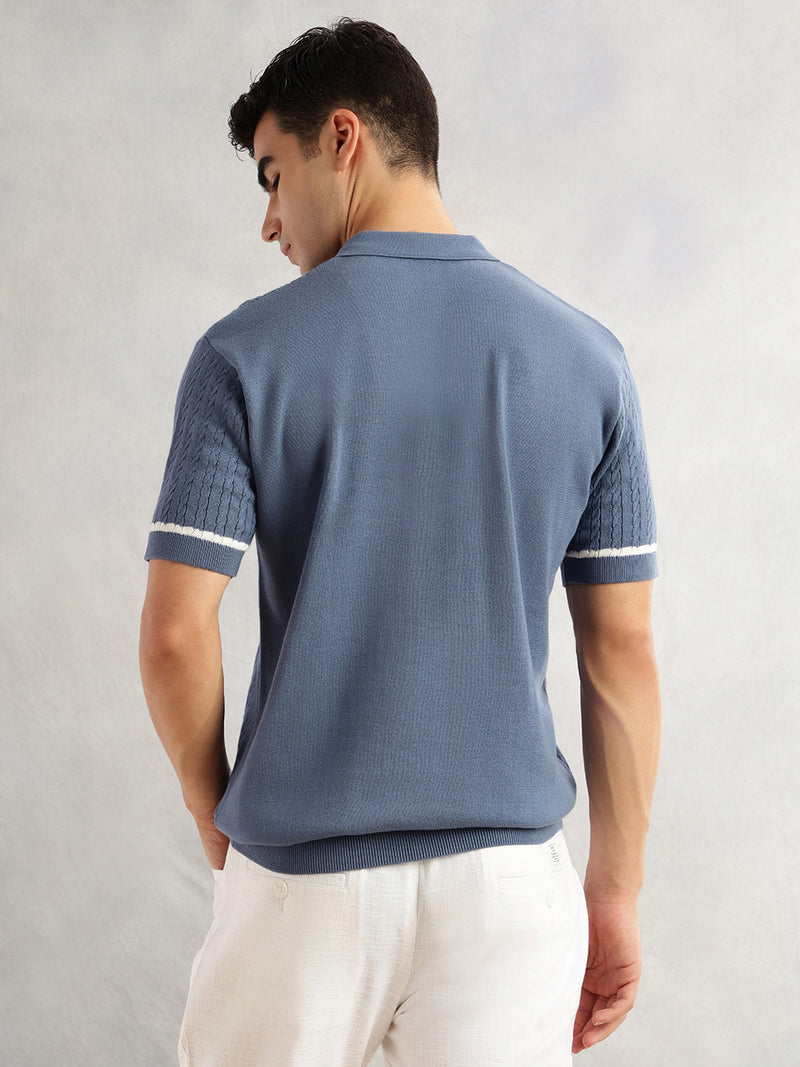 Thomas Scott Men Blue Regular Fit Short Sleeves Self Design 100% Cotton Polo Collar Knitted Tshirt