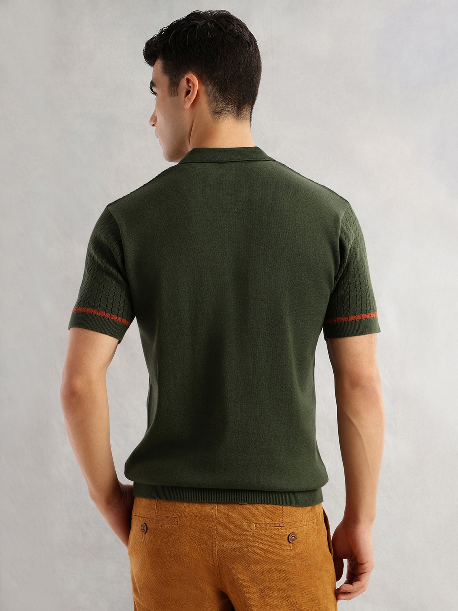 Thomas Scott Men Olive Regular Fit Short Sleeves Self Design 100% Cotton Polo Collar Knitted Tshirt