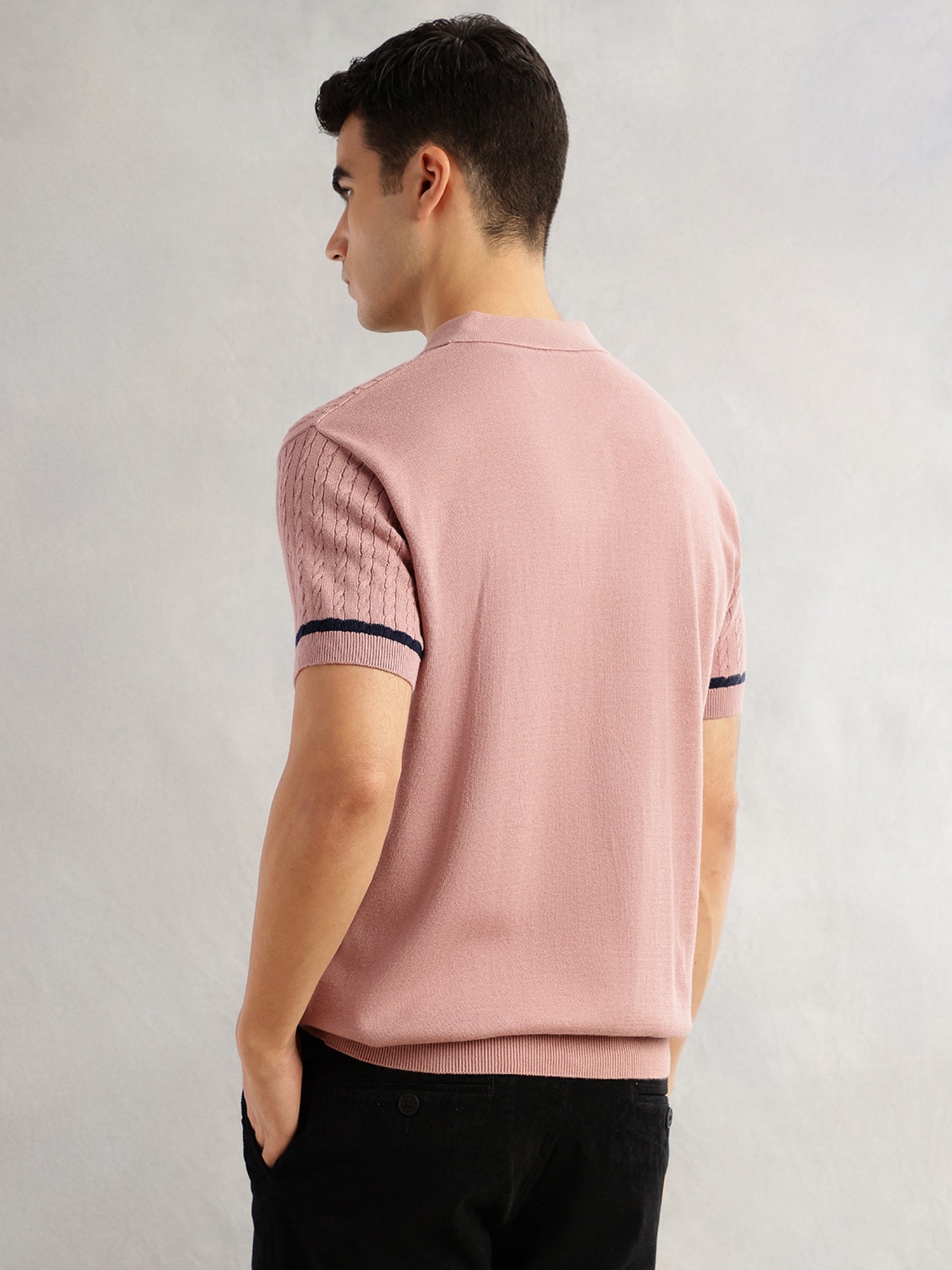 Thomas Scott Men Pink Regular Fit Short Sleeves Self Design 100% Cotton Polo Collar Knitted Tshirt