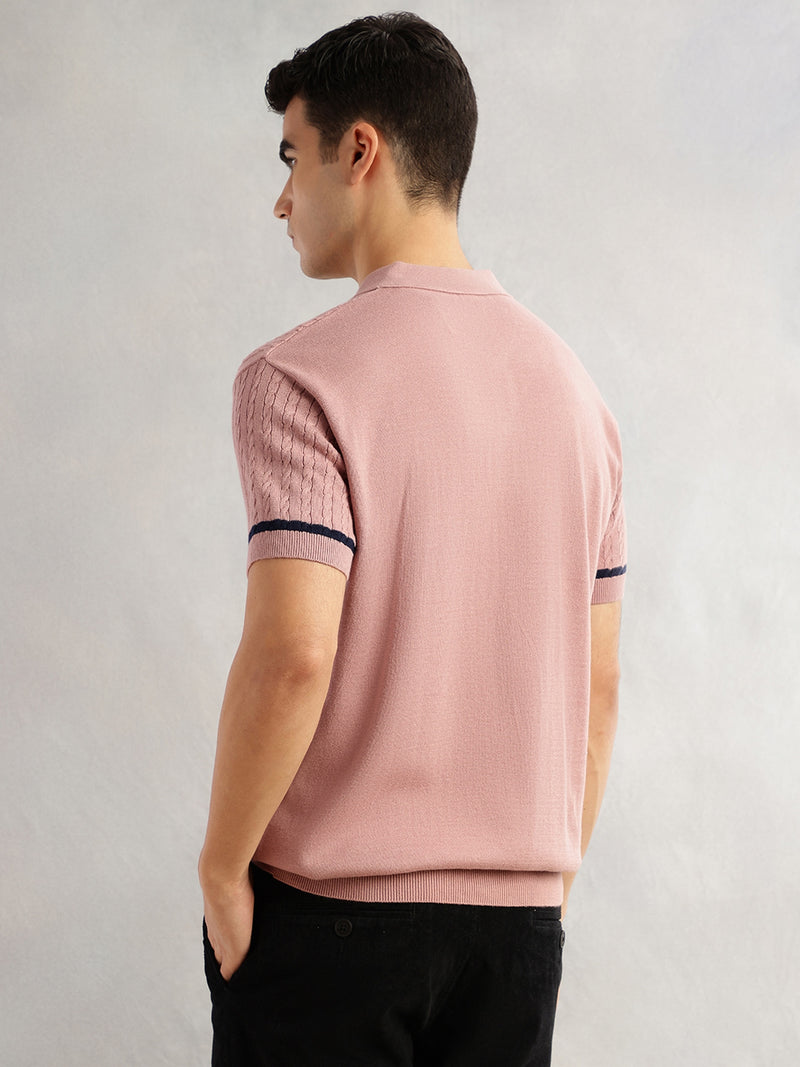 Thomas Scott Men Pink Regular Fit Short Sleeves Self Design 100% Cotton Polo Collar Knitted Tshirt