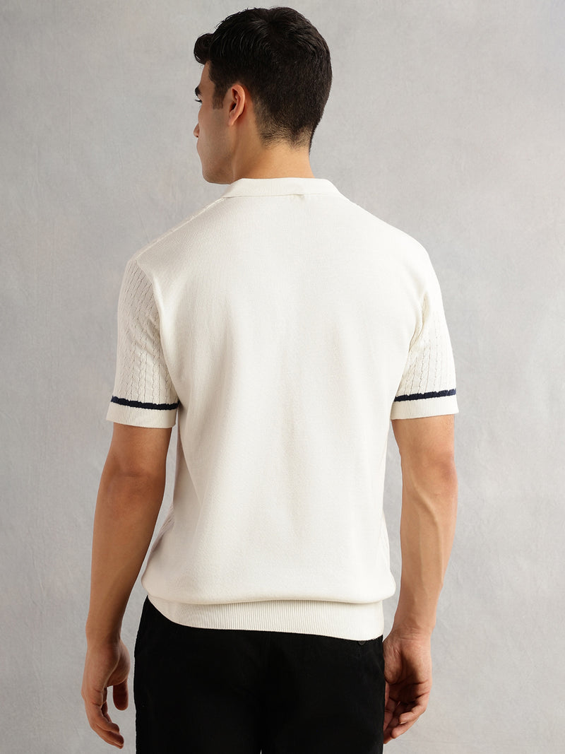 Thomas Scott Men White Regular Fit Short Sleeves Self Design 100% Cotton Polo Collar Knitted Tshirt