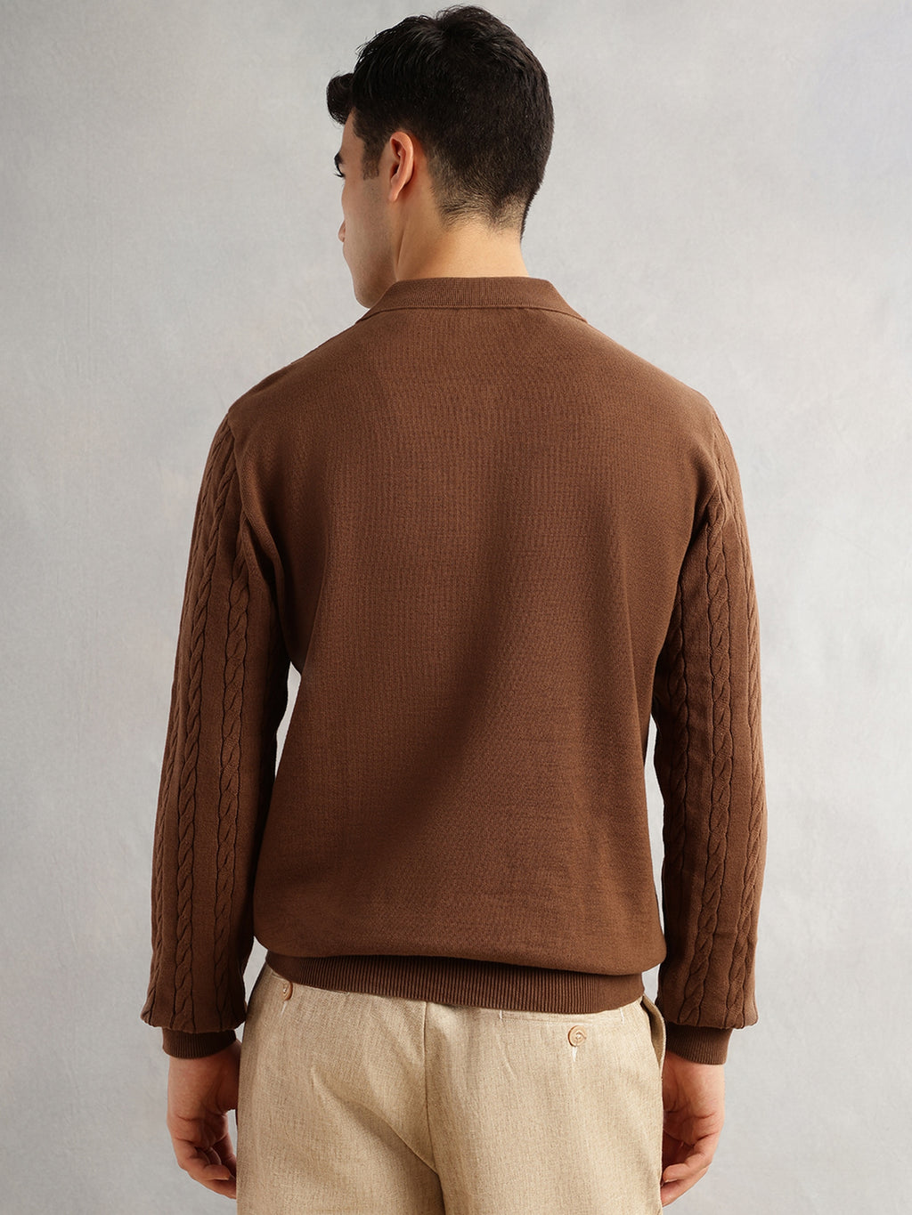Thomas Scott Men Brown Regular Fit Long Sleeves Self Design 100% Cotton Polo Collar Knitted Tshirt