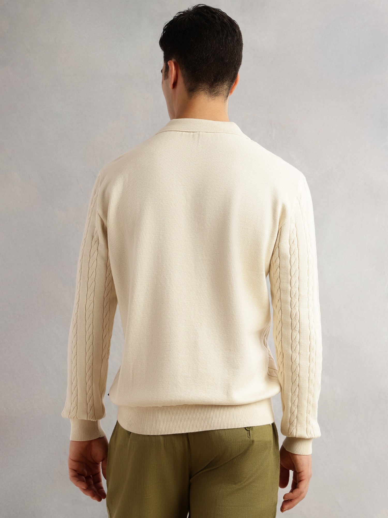 Thomas Scott Men Cream Regular Fit Long Sleeves Self Design 100% Cotton Polo Collar Knitted Tshirt