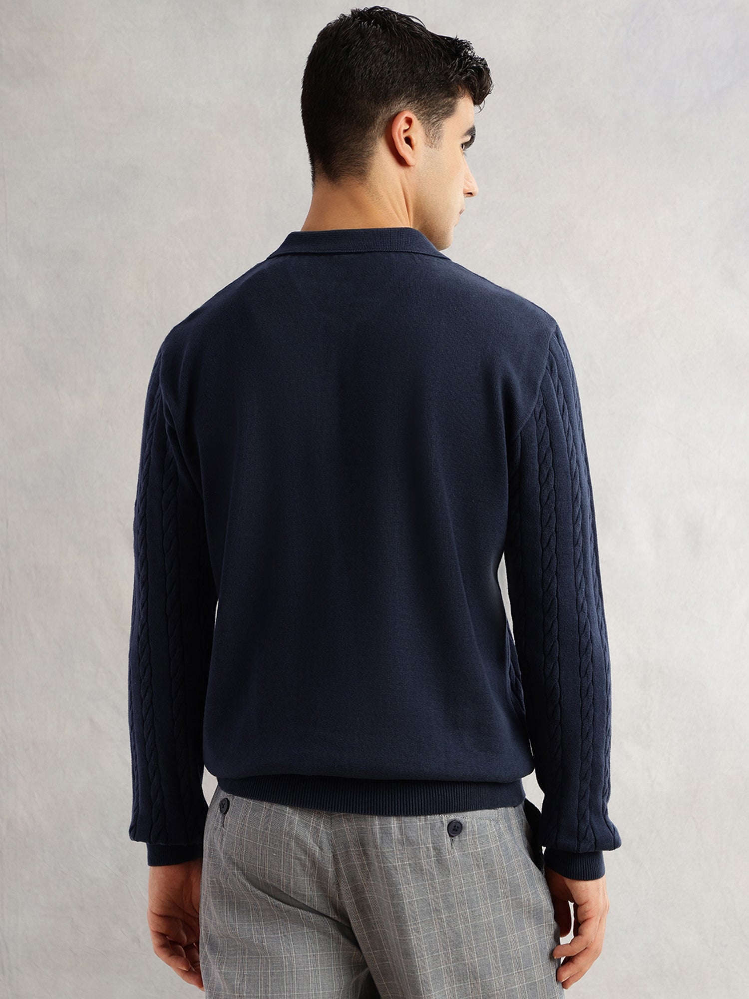 Thomas Scott Men Navy Regular Fit Long Sleeves Self Design 100% Cotton Polo Collar Knitted Tshirt